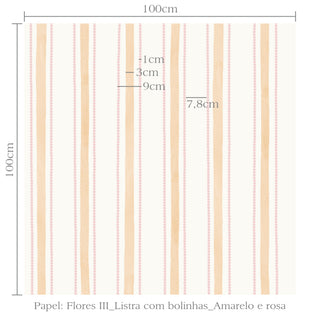 Papel de parede Flores III listra com bolinhas amarelo e rosa