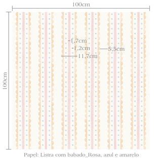 Papel de parede listra com babado rosa, azul e amarelo