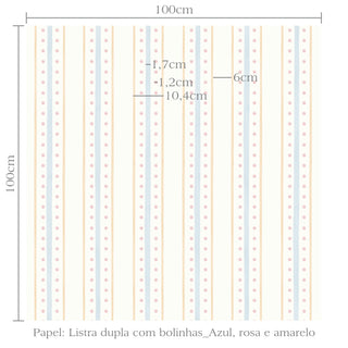 Papel de parede listra dupla com bolinhas azul, rosa e amarelo