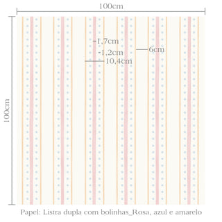 Papel de parede listra dupla com bolinhas rosa, azul e amarelo
