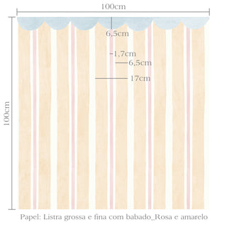Papel de parede listra grossa e fina com babado rosa e amarelo
