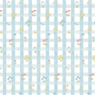 Papel de parede Primavera xadrez com flores azul