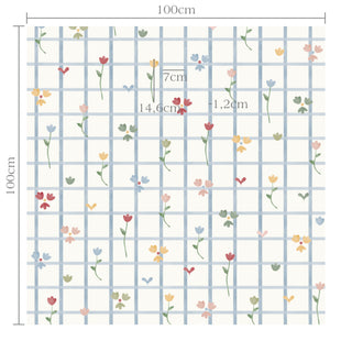 Papel de parede Collab Tom + Coisas da Lu xadrez azul com flores